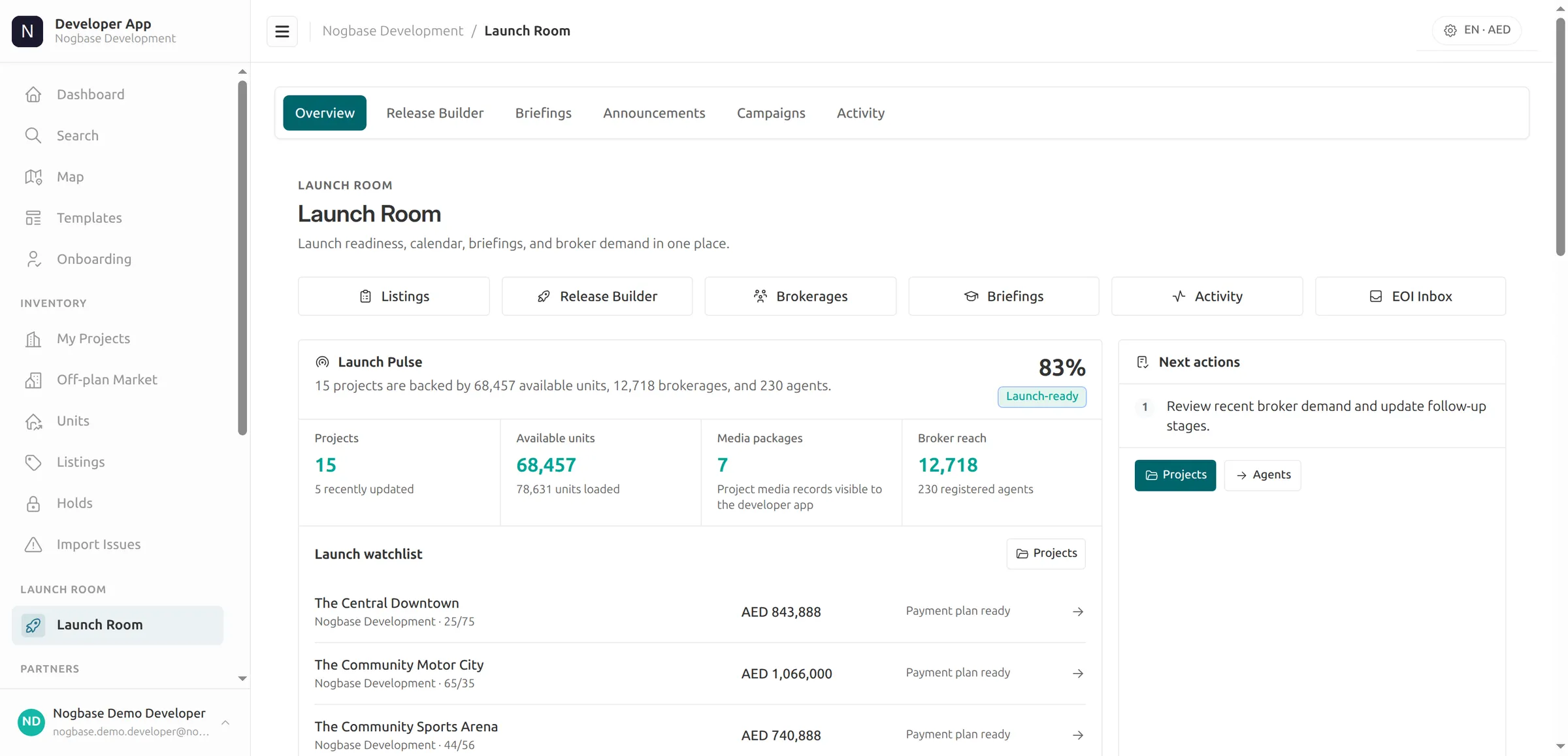 Nogbase Launch Room — launch pulse, readiness score, watchlist, and broker reach on one screen