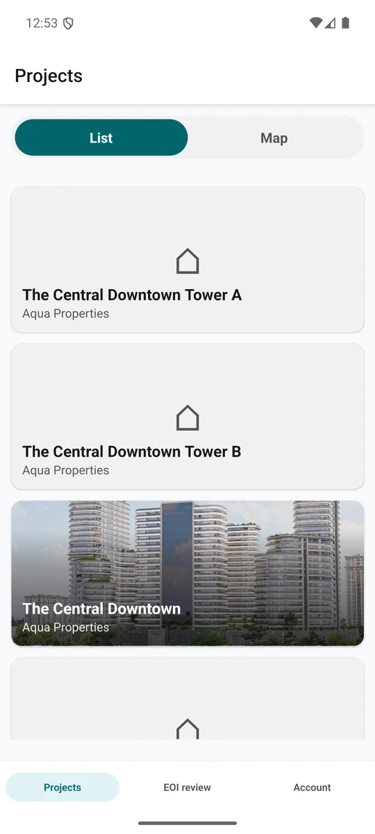 Nogbase Developer mobile app — off-plan project list with live inventory for Aqua Properties