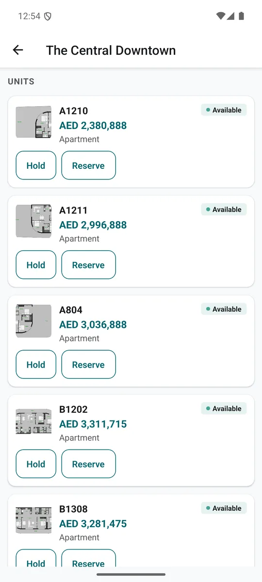 Nogbase mobile app — live unit inventory with prices and hold/reserve actions